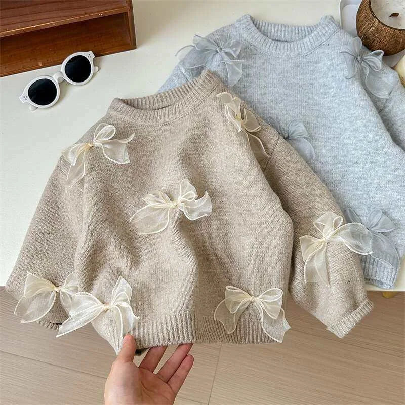Girls Solid Color Sweaters Cute Bow Children Clothing Autumn Winter Baby Kids Sweet Princess Knitted Sweater