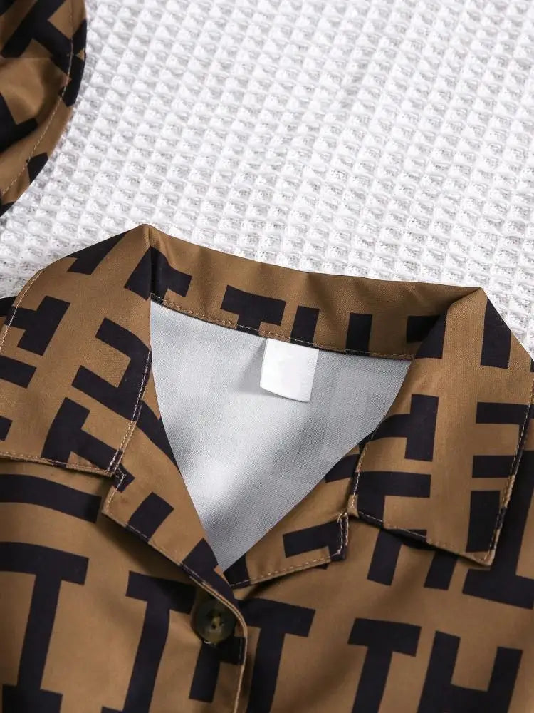 2 Pcs Kid Girls' Fashionable Set Autumn and Winter Geometric Pattern Lapel Long Sleeve  Belt Bow Dress and Hat Children's Suit