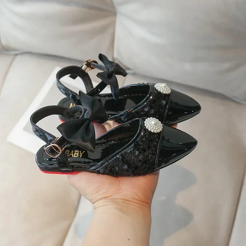 Children Leather Shoes for Girls New Fashion Comfortable Elegant Beading Bowtie Soft Sole Wedding Princess Shoes