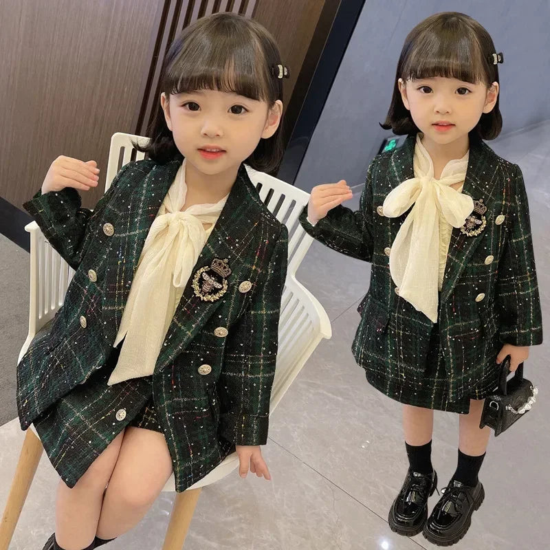 Baby Girl Plaid Blazer & Shorts Set – Vintage 2pcs Outfit 2–7Y