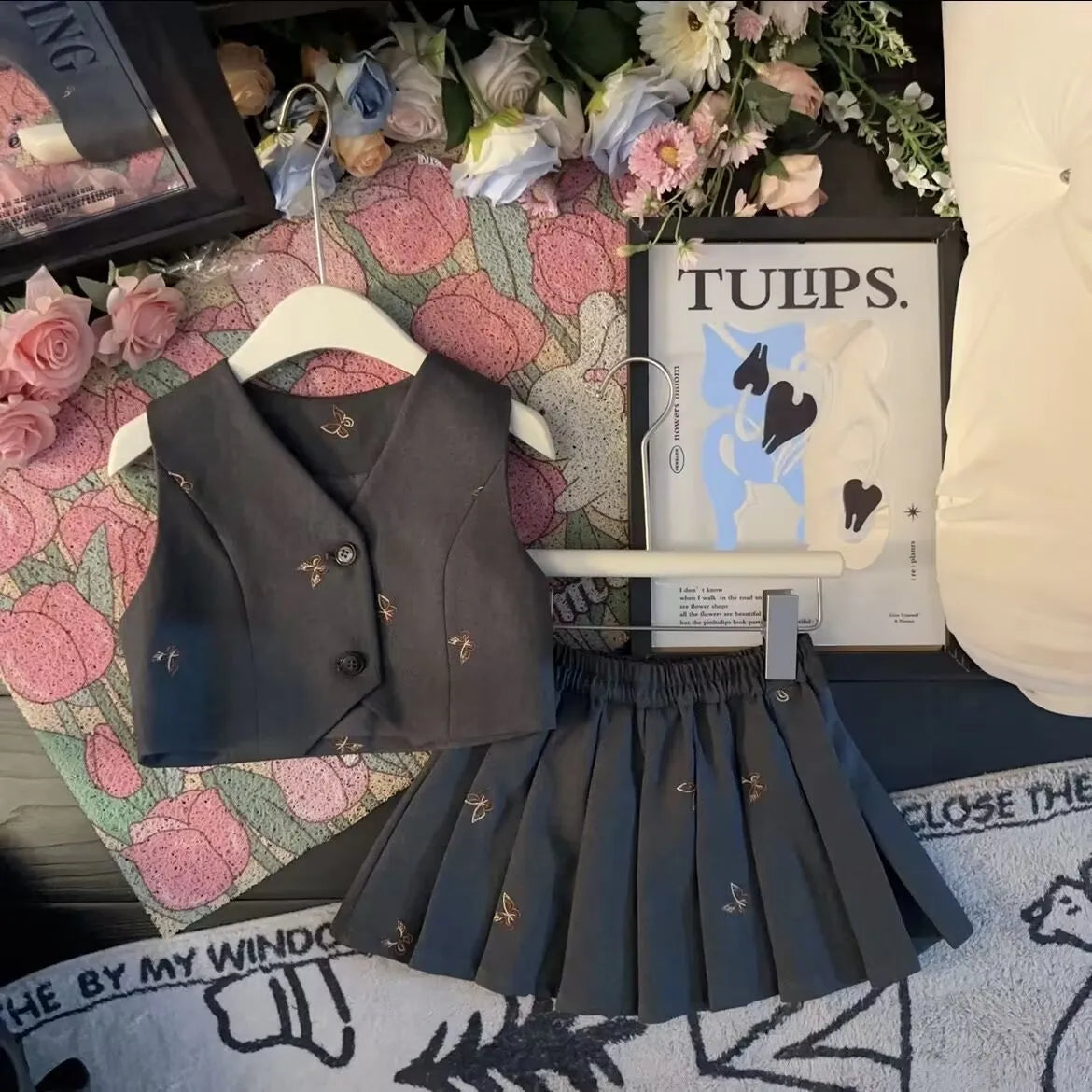 Girls suit set Embroidered Butterfly suit jacket Vest Pleated skirt 2/3pc baby girl clothes suit junior child outfits 2-13