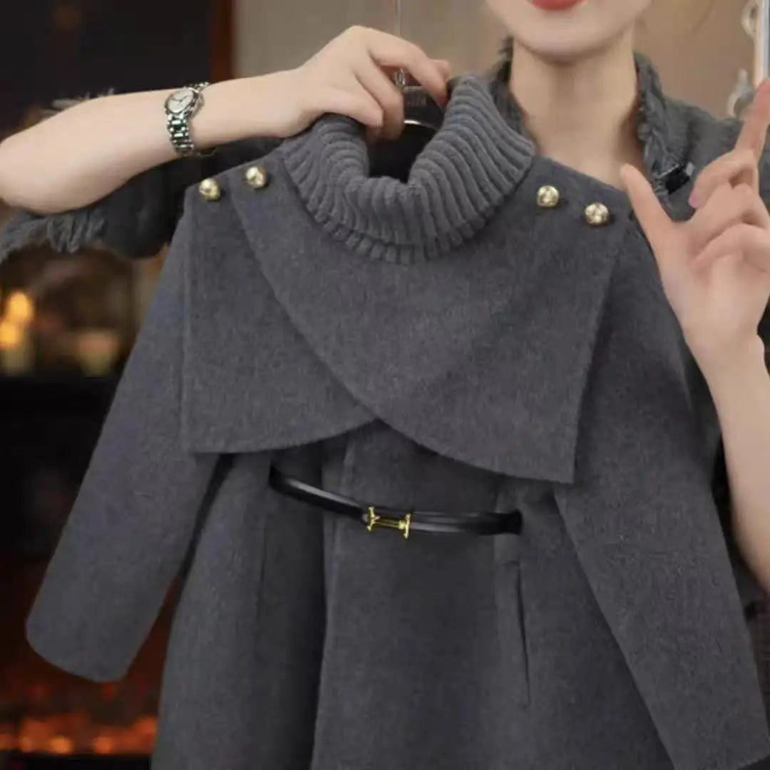 Cape+coat set thicken Plush Warm teen kids overcoat meisje Outerwear child clothes outerwear belt