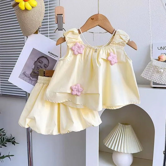 Summer Girls Clothes Sets Kids Sling Vest Shirt+Shorts 2Pcs Fashion Sweet Suits Toddler Sleeveless Outfits 1-6 Years