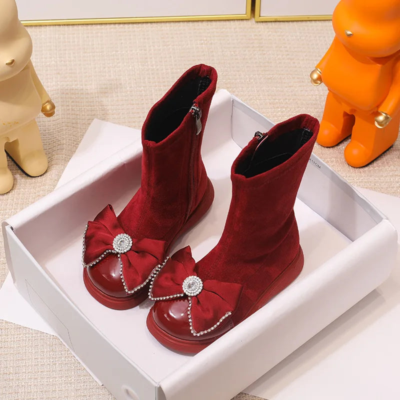 Girls Boots 2023 Winter Toddler Kids Fashion Chelsea Princess Middle Calf Boots Children Bowtie Shoes Brand Warm Fur Soft Sole