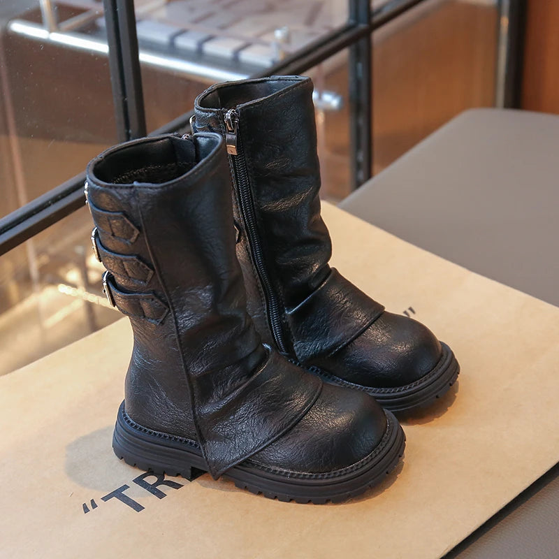 Girls Mid-calf Boots Fashion Children Long Boots Simple Thick Bottom Classic Kids Catwalk Leather Boots 2025 Winter New