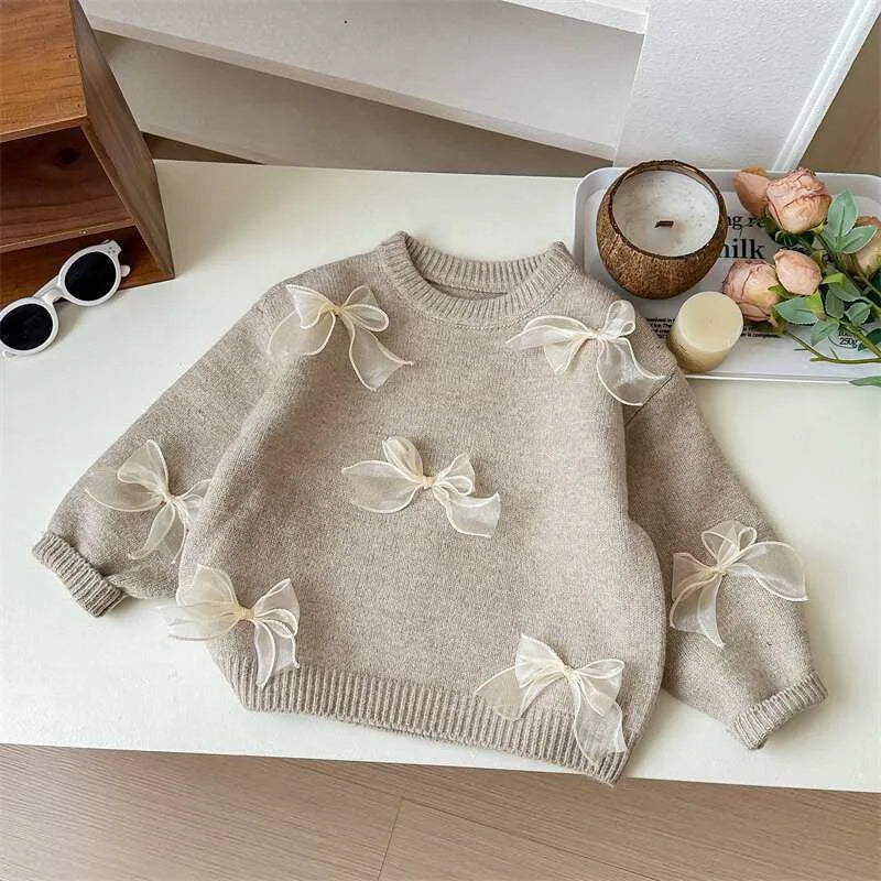 Girls Solid Color Sweaters Cute Bow Children Clothing Autumn Winter Baby Kids Sweet Princess Knitted Sweater