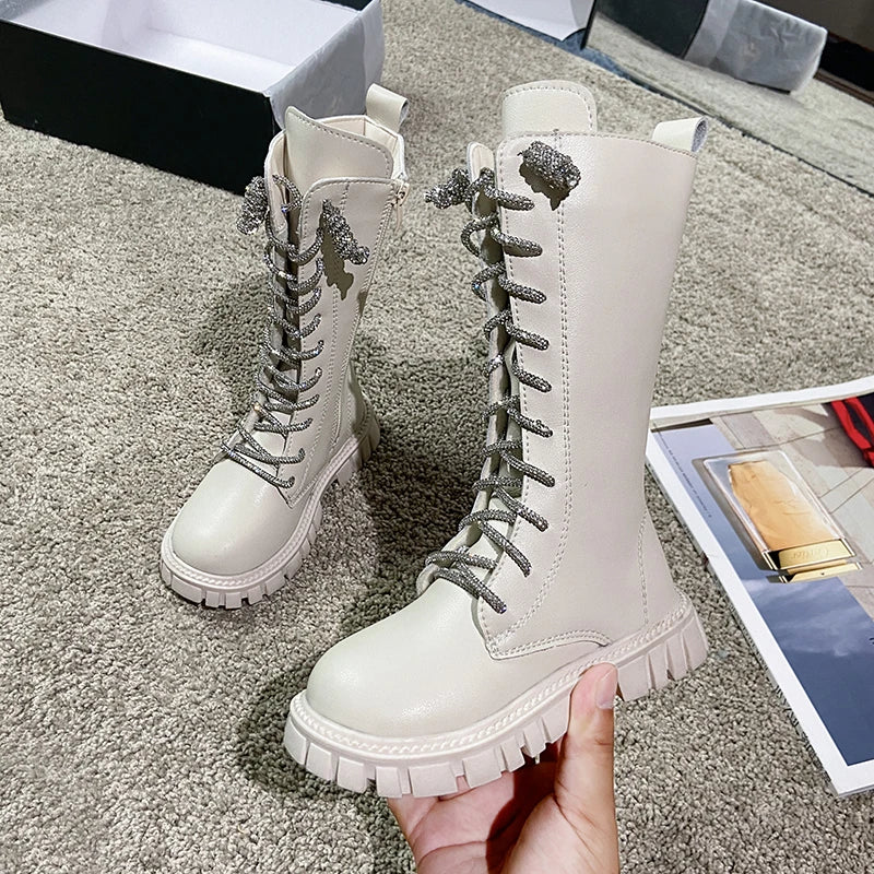 Children Knee-high Boot Girl Students Fashion Canister Boots Shoes Children Winter Cream-colored Flat Boots Antiskid Shoe