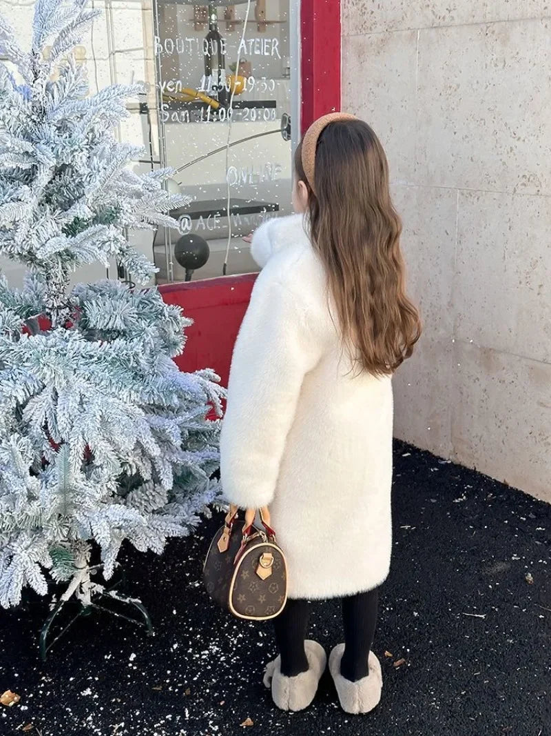 Cotton Thickened Warm Faux Fur Coat for Girls Children Baby Stand Up Collar Plush Cold Resistant Autumn and Winter Coat