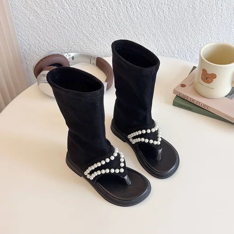 Children High-top Sandals for Girls Summer New Fashion Korean Style Soft Sole Non-slip Versatile Pearl Roman Princess Shoes