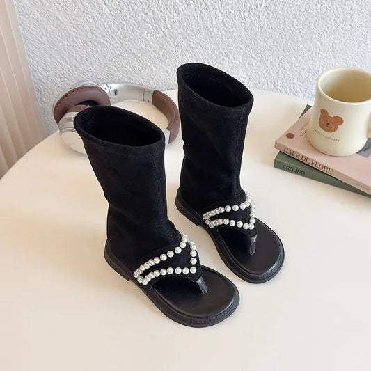 Children High-top Sandals for Girls Summer New Fashion Korean Style Soft Sole Non-slip Versatile Pearl Roman Princess Shoes