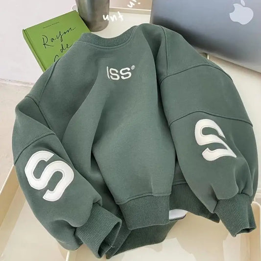 100-160CM Boys Winter Pullover Hoodie Casual Sweatshirt Korean Children's Loose and Plush Thick Top