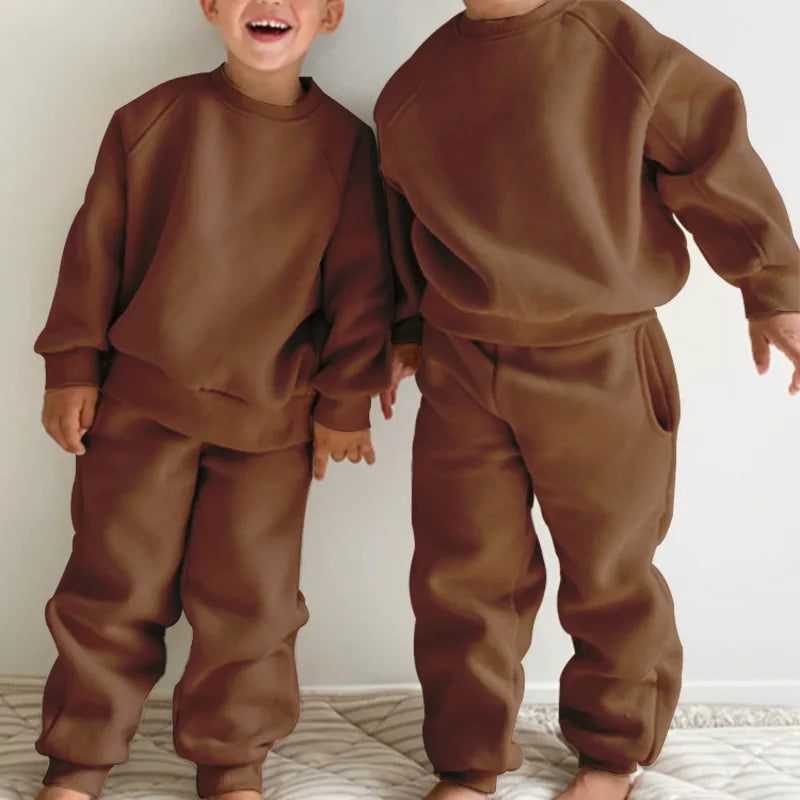 2025 Winter New Children Fleece Sports Set Boys Girls Plus Velvet Thick Sweatshirt + Sweat Pants 2pcs Suit Kids Warm Outfits