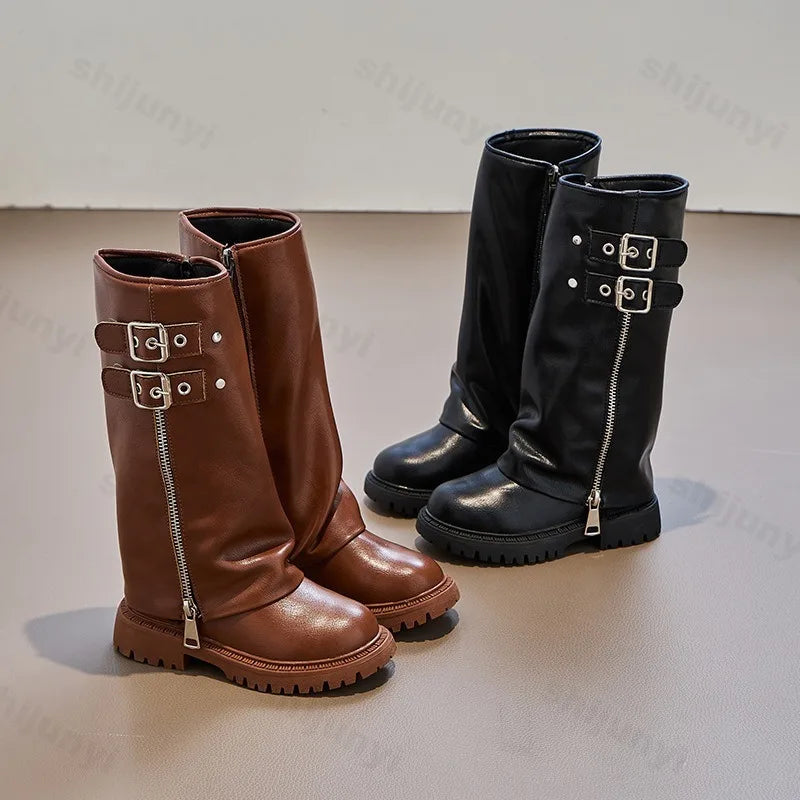 Children's Pu Leather Boots 2025 Autumn Comfortable Anti Slip Zipper Fashion Kids Knee Boots Girls Outdoor Buckle Princess Boots