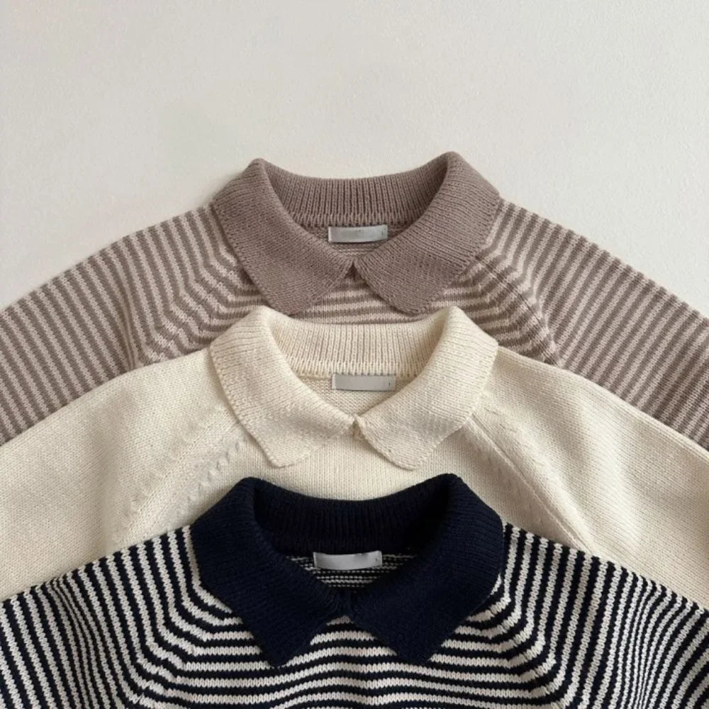 Kids Sweater New Lapel Stripe Baby Boy's Knitted Sweater Kid's Pullover Tops