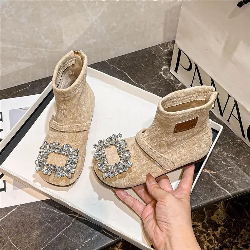 Toddler Girls Shiny Rhinestone Leather Boots  Winter Kids Thermal Boots Soft Sole Chic Princess Girls Party Boots