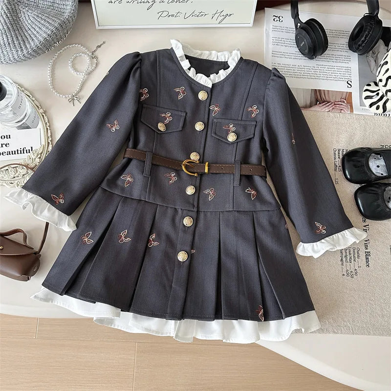 Girls Suit Set Embroidered Jacket Children's College Style Pleated Skirt Fashionable Two-piece Set