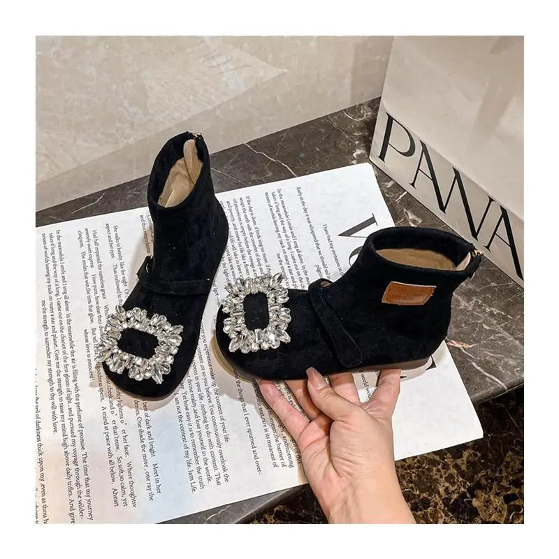 Toddler Girls Shiny Rhinestone Leather Boots  Winter Kids Thermal Boots Soft Sole Chic Princess Girls Party Boots