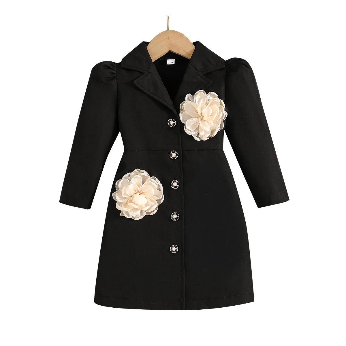 Children Blazer Dresses For Girls Short Sleeve Black Dress Front Applique Flower Fashion Dress For Kids Formal Clothes