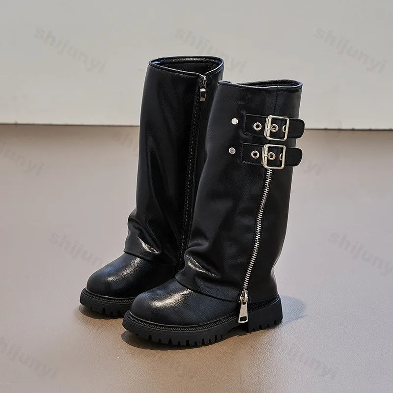 Children's Pu Leather Boots 2025 Autumn Comfortable Anti Slip Zipper Fashion Kids Knee Boots Girls Outdoor Buckle Princess Boots