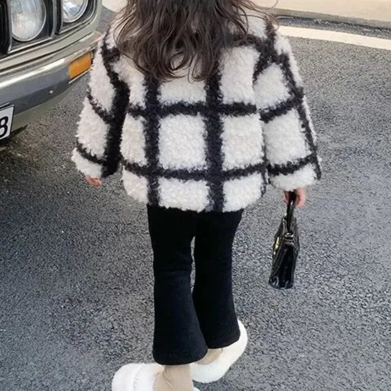 Girls Jacket outerwear autumn and winter new style children's stylish plaid lambhair cotton clothes baby thick warm coat
