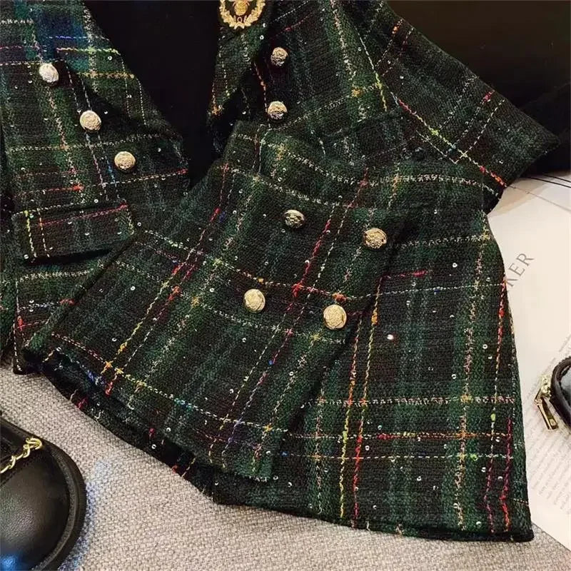 Baby Girl Plaid Blazer & Shorts Set – Vintage 2pcs Outfit 2–7Y