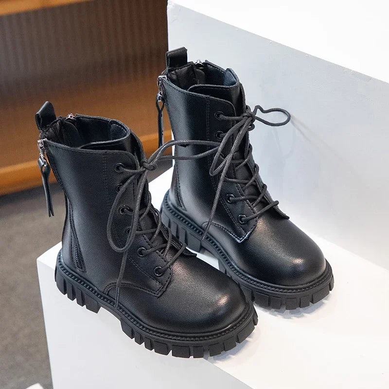 Girls Boots Simple Non-slip Back Zipper Spring Breathable Versatile Soft Autumn Winter Black Children Leather Boots