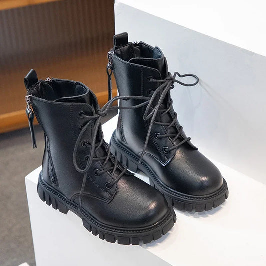 Girls Boots Simple Non-slip Back Zipper Spring Breathable Versatile Soft Autumn Winter Black Children Leather Boots