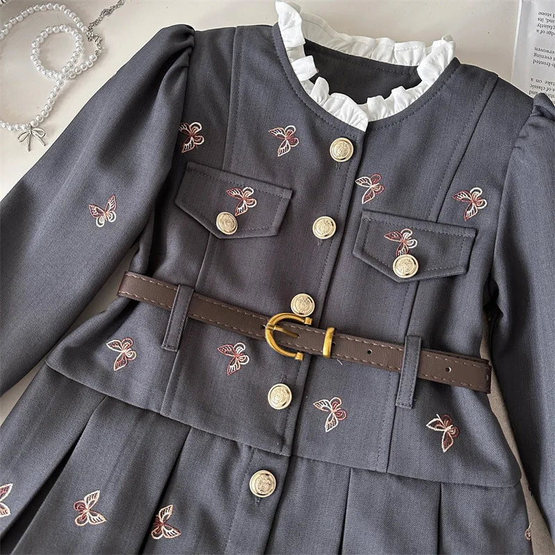 Girls Suit Set Embroidered Jacket Children's College Style Pleated Skirt Fashionable Two-piece Set