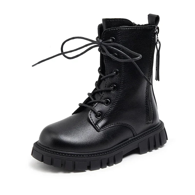 Girls Boots Simple Non-slip Back Zipper Spring Breathable Versatile Soft Autumn Winter Black Children Leather Boots