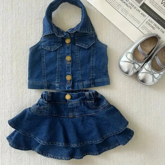 Girls Summer Clothes Cute Suit New Sleeveless Top Vest Fashionable Ruffle Edge Children's girl Short Skirt 2-pcs Set