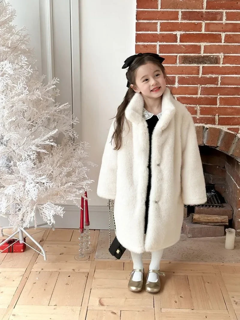 Cotton Thickened Warm Faux Fur Coat for Girls Children Baby Stand Up Collar Plush Cold Resistant Autumn and Winter Coat