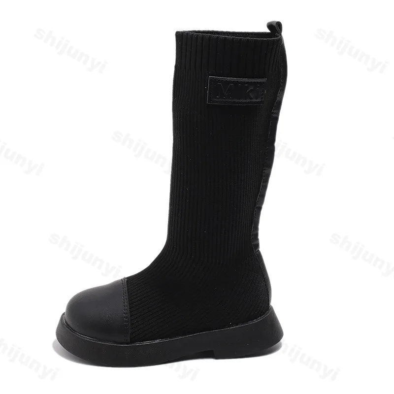 Children Knee Length Boots New 2025 Autumn Student Girls Princess Boots Kids Comfortable Non Slip Solid Color Knitted Long Boots