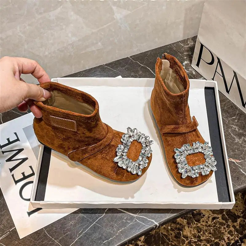 Toddler Girls Shiny Rhinestone Leather Boots  Winter Kids Thermal Boots Soft Sole Chic Princess Girls Party Boots