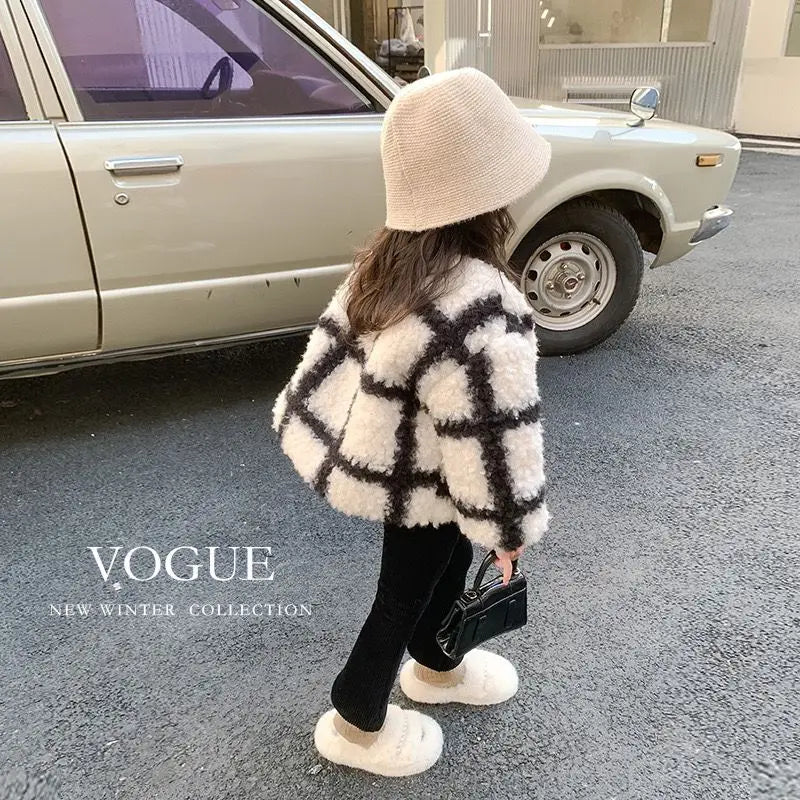 Girls Jacket outerwear autumn and winter new style children's stylish plaid lambhair cotton clothes baby thick warm coat