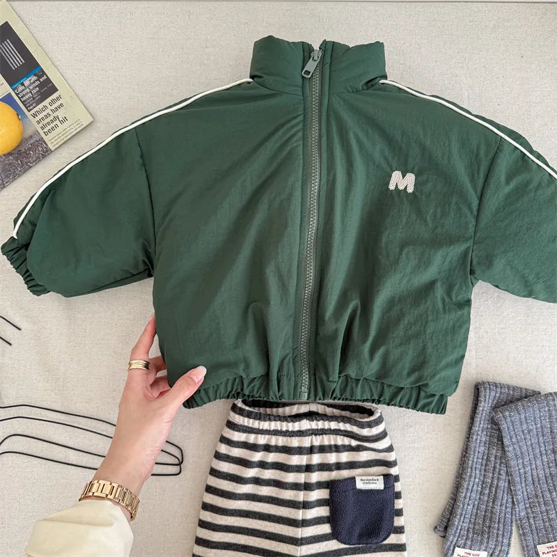 New Children Long Sleeve Warm Letter Coat Plus Velvet Thick Boys Down Jackets Baby Girls Padded Jacket Kids Clothes