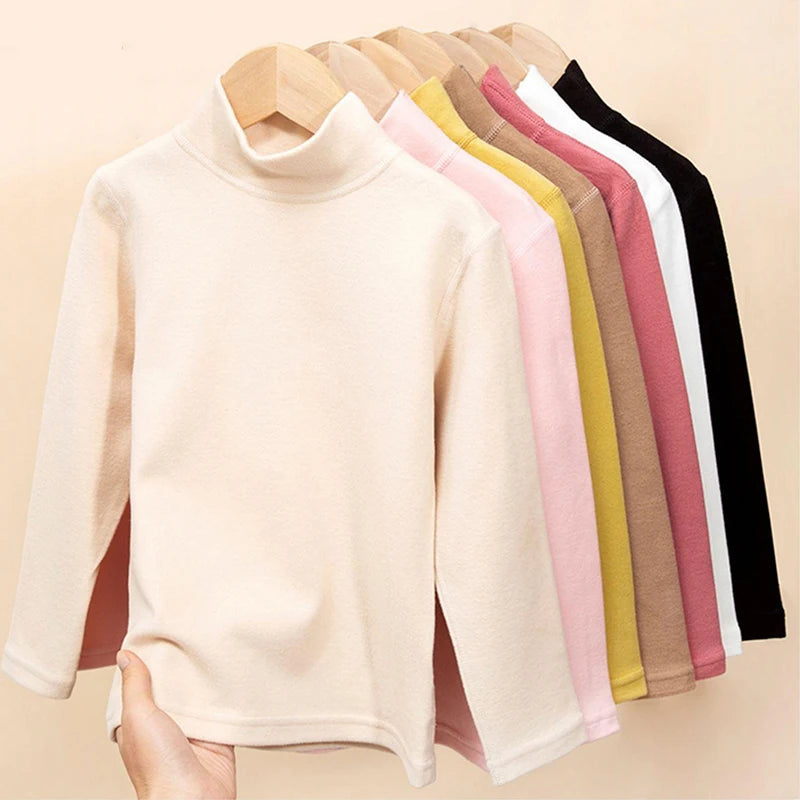 T-shirt for Girls Solid Thermal Underwear Autumn Winter Long Sleeve Casual High Collar Thin Velvet Boys Tops