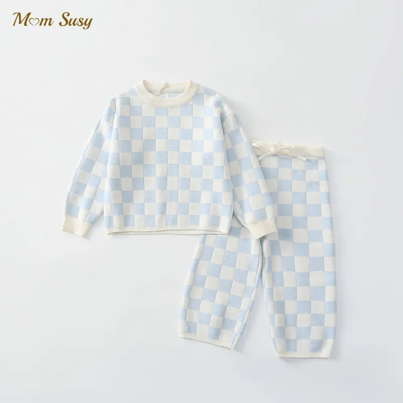 Baby Knitted Clothes Set – 2pcs Sweater & Pants Plaid Knit Suit 1-5Y