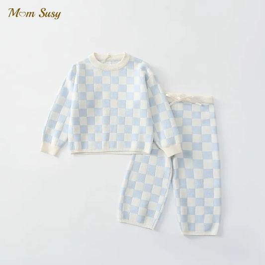 Baby Knitted Clothes Set – 2pcs Sweater & Pants Plaid Knit Suit 1-5Y