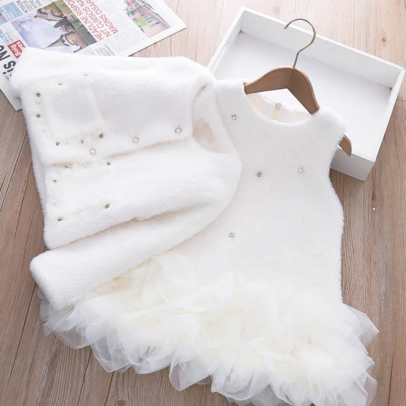 Girls Clothing Sets Winter Kids Girl Sweet Faux Fur Coat and Dress 2pcs Clothes Suit Children Girl Princess Warm Clothes 3 5 8