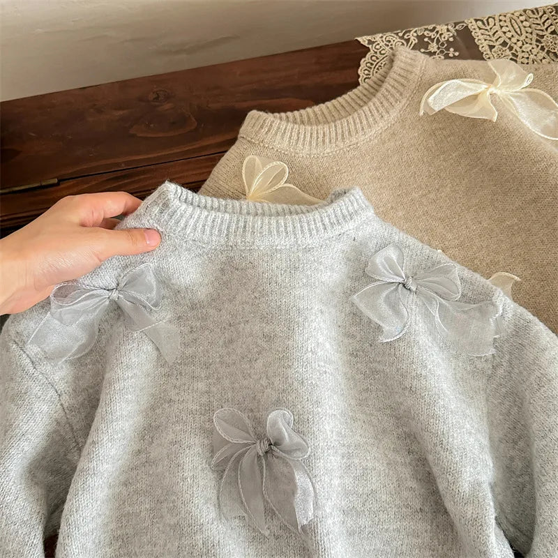Girls Solid Color Sweaters Cute Bow Children Clothing Autumn Winter Baby Kids Sweet Princess Knitted Sweater