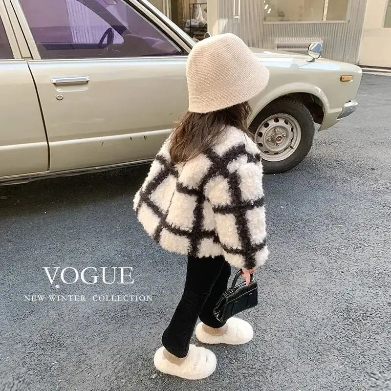 Girls Jacket outerwear autumn and winter new style children's stylish plaid lambhair cotton clothes baby thick warm coat