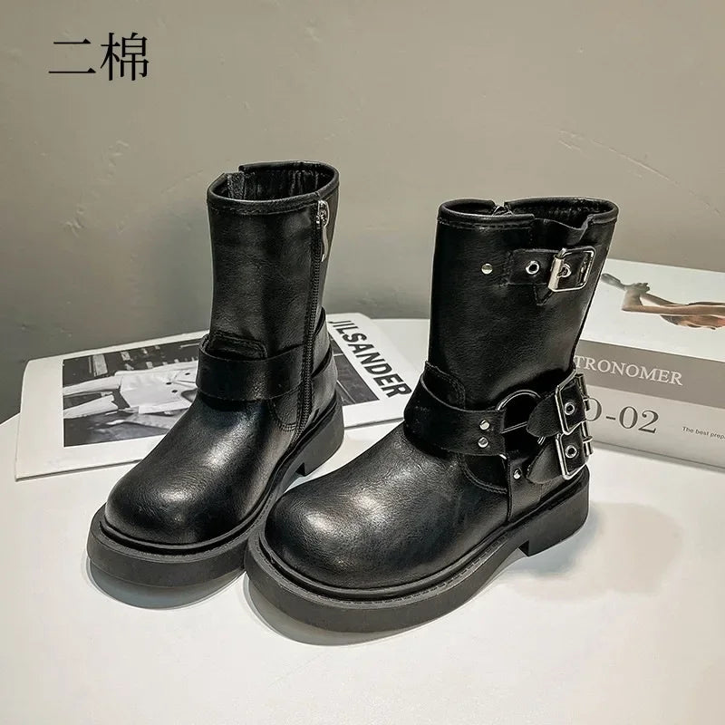 Round Toe Platform Kid Boot Autumn/Winter Leather Boot Fashion Girl Knight Boot Mid Size Ankle Boot Kid Shoe 부츠