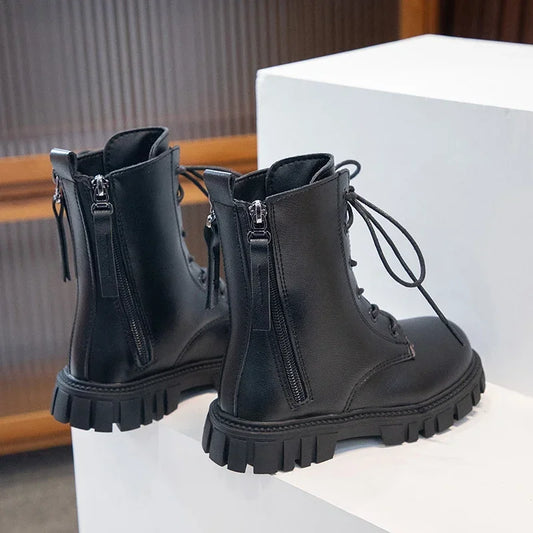 Girls Boots Simple Non-slip Back Zipper Spring Breathable Versatile Soft Autumn Winter Black Children Leather Boots