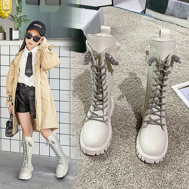 Children Knee-high Boot Girl Students Fashion Canister Boots Shoes Children Winter Cream-colored Flat Boots Antiskid Shoe