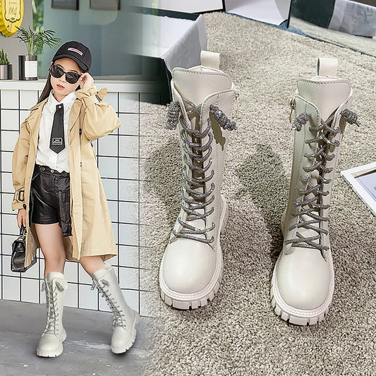 Children Knee-high Boot Girl Students Fashion Canister Boots Shoes Children Winter Cream-colored Flat Boots Antiskid Shoe