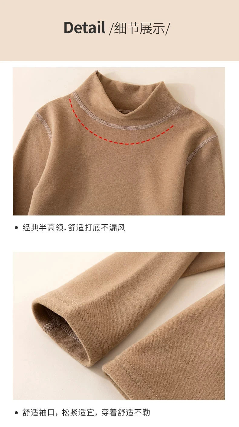 T-shirt for Girls Solid Thermal Underwear Autumn Winter Long Sleeve Casual High Collar Thin Velvet Boys Tops
