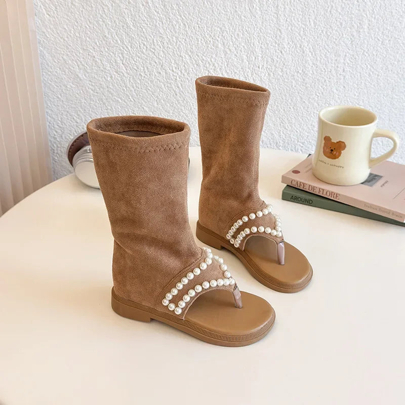 Children High-top Sandals for Girls Summer New Fashion Korean Style Soft Sole Non-slip Versatile Pearl Roman Princess Shoes