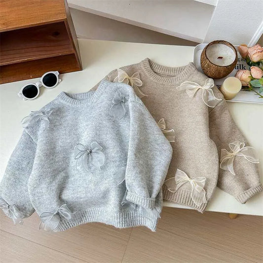 Girls Solid Color Sweaters Cute Bow Children Clothing Autumn Winter Baby Kids Sweet Princess Knitted Sweater