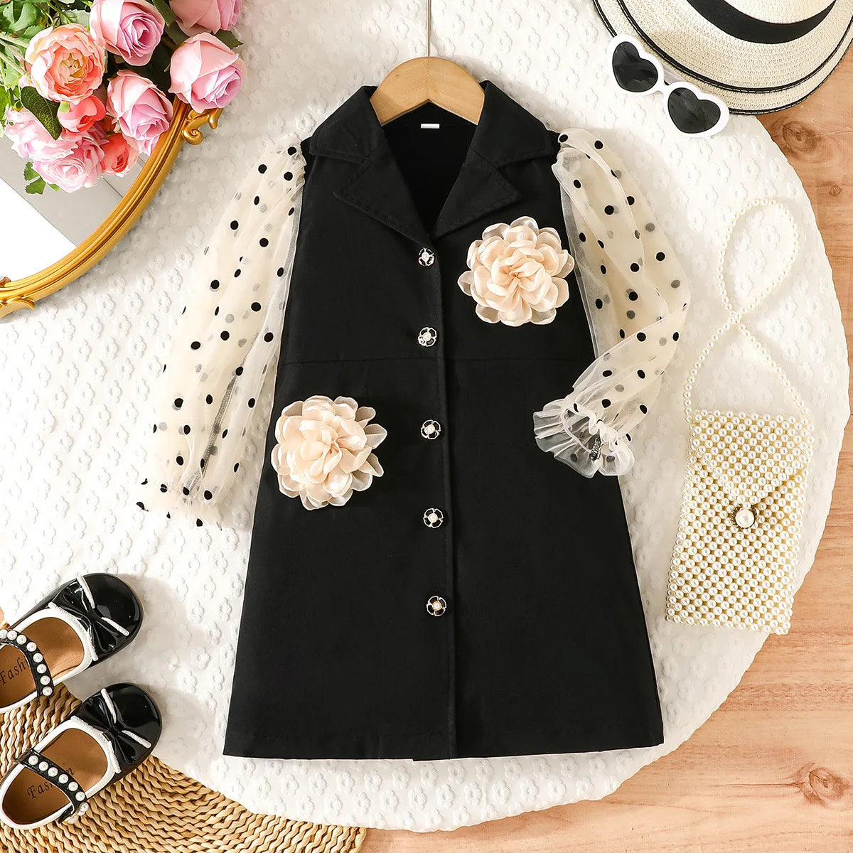 Children Blazer Dresses For Girls Short Sleeve Black Dress Front Applique Flower Fashion Dress For Kids Formal Clothes